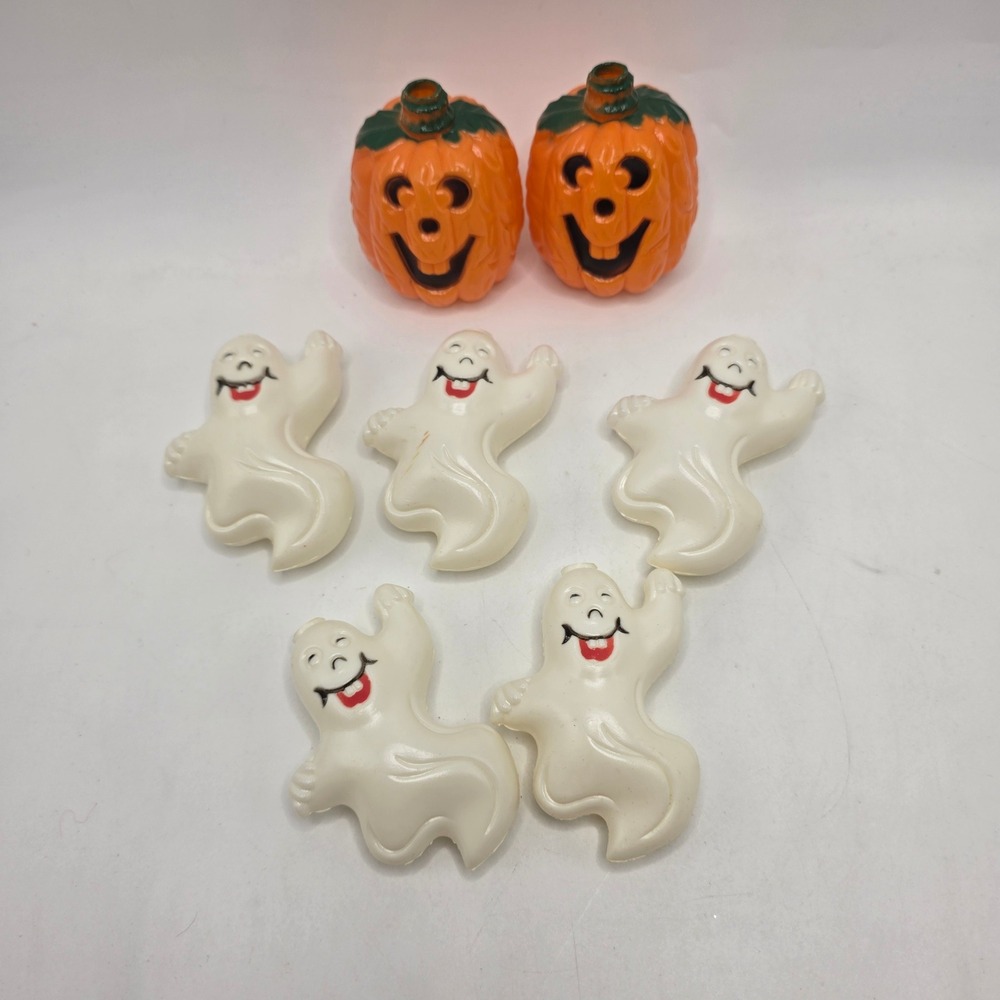 Vintage Halloween Light Covers Pumpkin Ghost Skeleton Blow Mold Lot 7pc Spooky